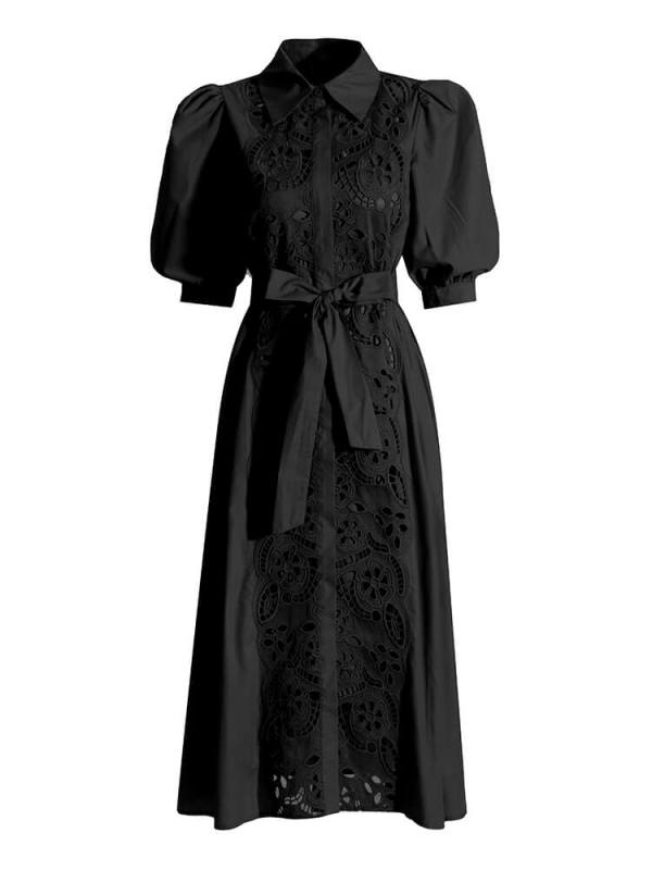 TWOTWINSTYLE Embroidery Elegant Dresses For Women Lapel Short Sleeve High Waist Bandage Hollow Out A Line Midi Dress Female Summer