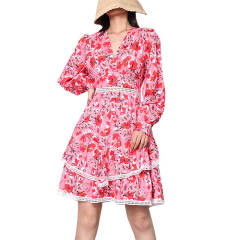TWOTWINSTYLE Vintage Print  Mini Dress For Women V Neck Long Sleeve Rise Waist Autumn Dresses Female Fashion New Clothing 2021