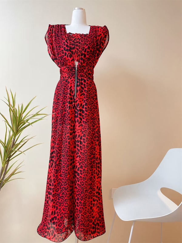 TWOTWINSTYLE  Leopard Print Jumpsuits For Women Square Collar Short Sleeve High Waist Tunic Wide Leg Pants Casual Jumpsuit  New