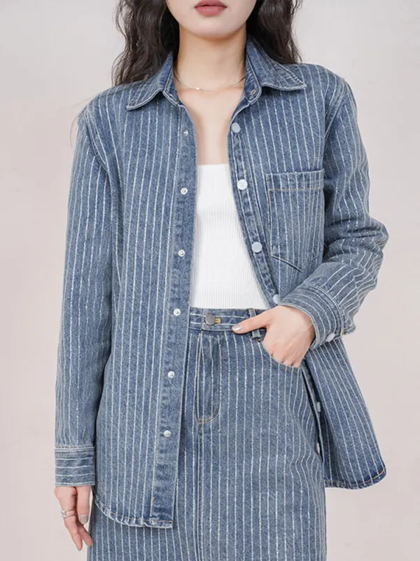 TWOTWINSTYLE Solid Spliced Diamonds  Jean Jackets For Women Turn Down Collar Lapel Long Sleeve Patchwork Slingle Coat Femlae New