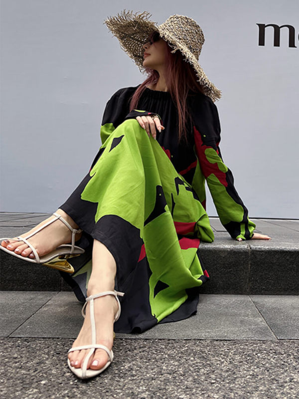 TWOTWINSTYLE  Printing Dresses For Women Slash Neck Long Sleeve High Waist Off Shoulder Straight Dress Female Fashion 2023 Newas