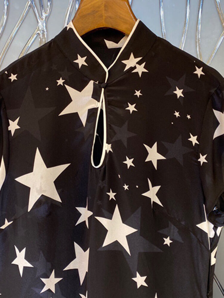 TWOTWINSTYLE  Hit Color Star Mini Print Dresses For Women Stand Collar Short Sleeve High Waist Mini Hollow Out Elegant Dress Female