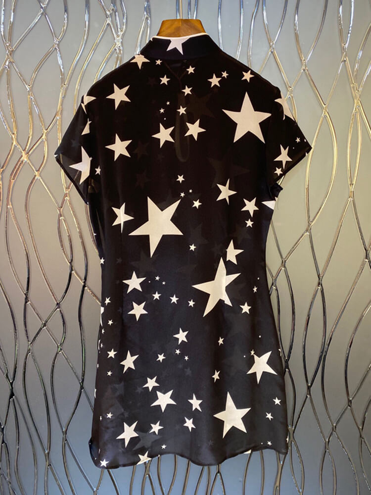 TWOTWINSTYLE  Hit Color Star Mini Print Dresses For Women Stand Collar Short Sleeve High Waist Mini Hollow Out Elegant Dress Female