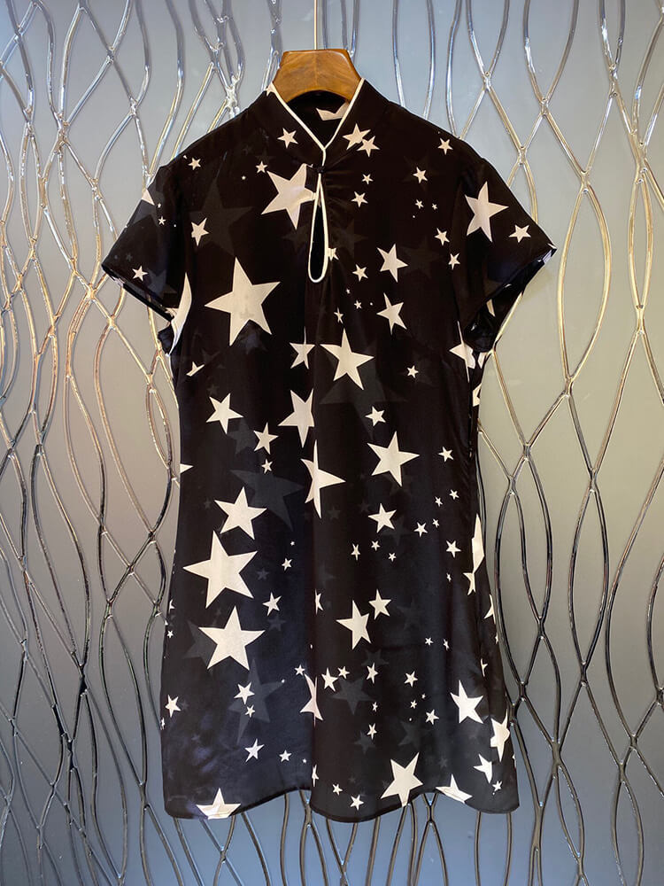TWOTWINSTYLE  Hit Color Star Mini Print Dresses For Women Stand Collar Short Sleeve High Waist Mini Hollow Out Elegant Dress Female