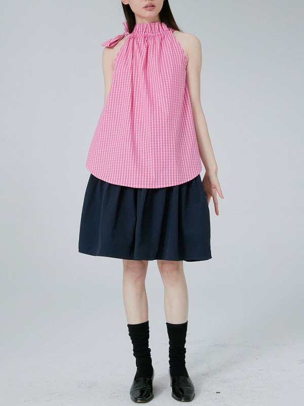 TWOTWINSTYLE Plaid Bow Shirts For Women Stand Collar Sleeveless Spliced Drawstring Loose Casual Blouse Female Fashion 2023 New