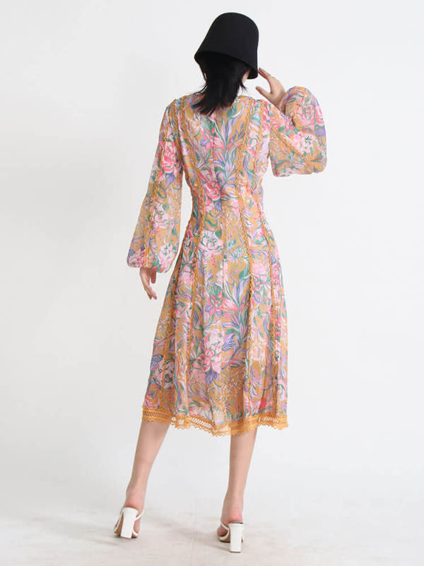 TWOTWINSTYLE Print Vintage Dresses For Women V Neck Lantern Sleeve High Waist Tunic Slim  Ruched Summer Mini Dress Female 2023