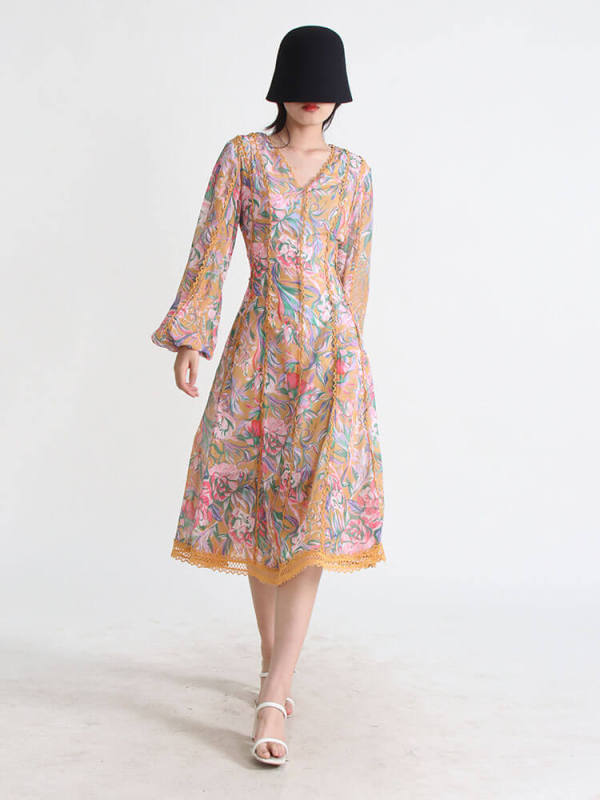 TWOTWINSTYLE Print Vintage Dresses For Women V Neck Lantern Sleeve High Waist Tunic Slim  Ruched Summer Mini Dress Female 2023