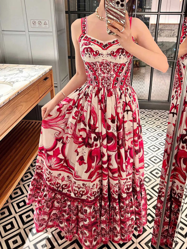 TWOTWINTTYLE  Print Camisole Dresses For Women Square Collar Sleeveless High Waist  Loose Summer Pleated Dress Female New 2023