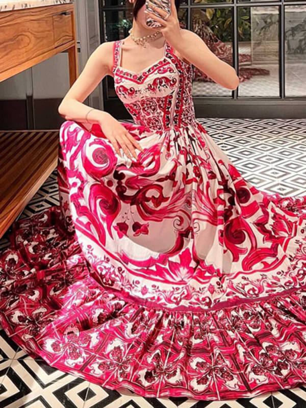 TWOTWINTTYLE  Print Camisole Dresses For Women Square Collar Sleeveless High Waist  Loose Summer Pleated Dress Female New 2023