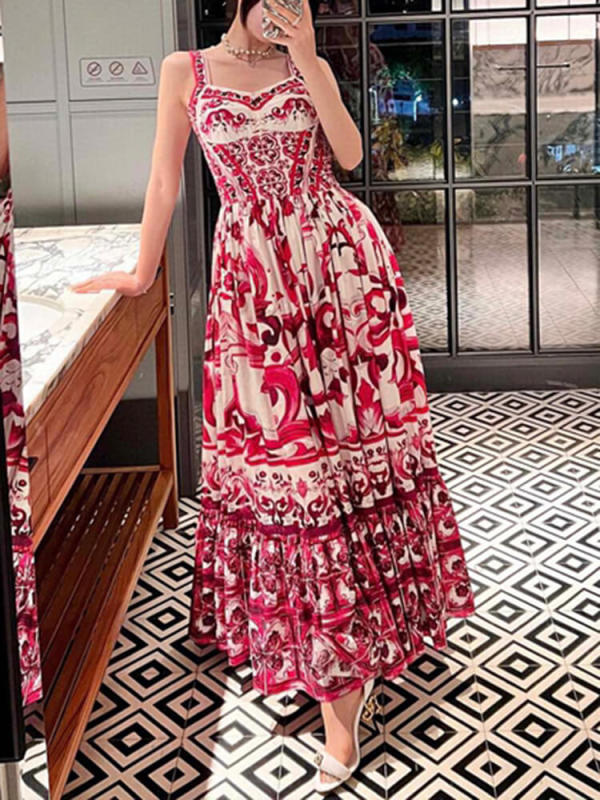 TWOTWINTTYLE  Print Camisole Dresses For Women Square Collar Sleeveless High Waist  Loose Summer Pleated Dress Female New 2023