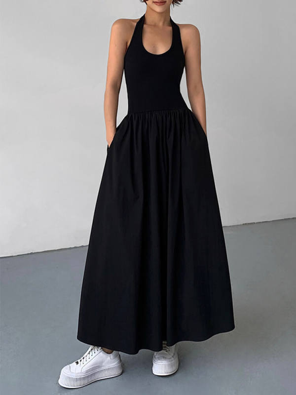 TWOTWINSTYLE Minimalist Dresses Fpr Women Halter Sleeveless High Waist Backless Solid Elegant Dress Female Fashion Clothing 2023