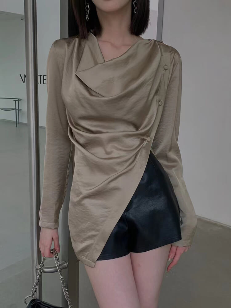 TWOTWINSTYLE Casual Button Shirts For Women Round Neck Long Sleeve Casual Loose Minimalist Loose Blouse Female Fashion Clothing