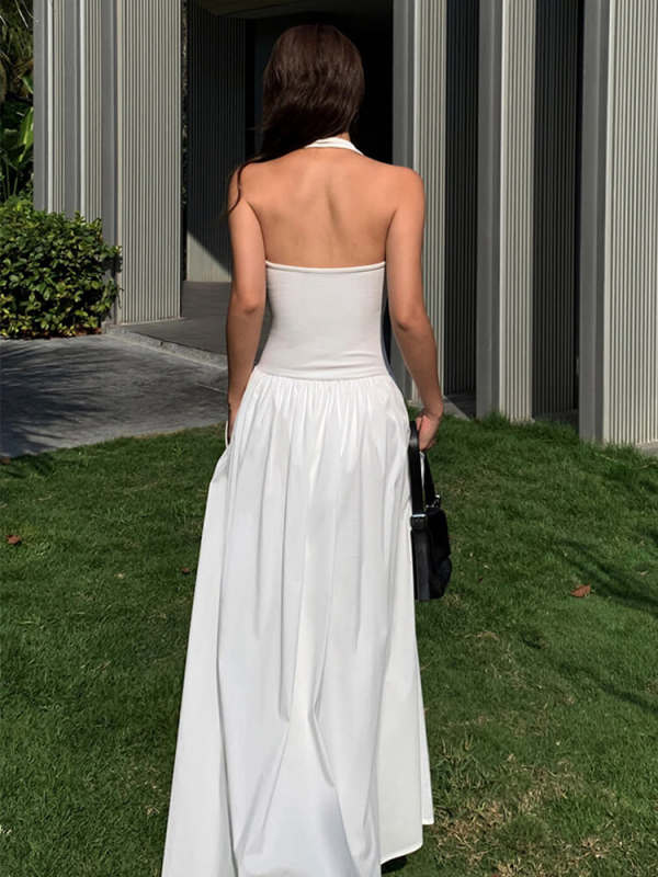 TWOTWINSTYLE Minimalist Dresses Fpr Women Halter Sleeveless High Waist Backless Solid Elegant Dress Female Fashion Clothing 2023