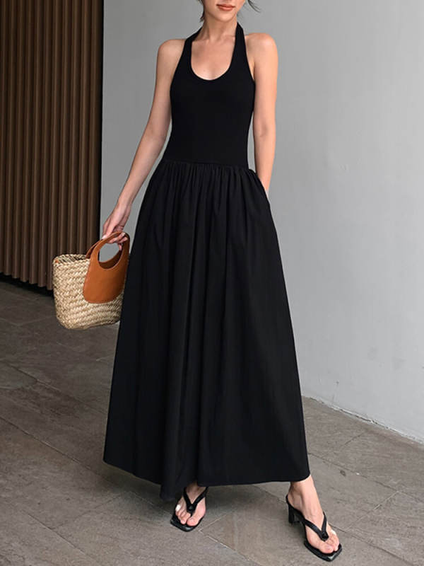 TWOTWINSTYLE Minimalist Dresses Fpr Women Halter Sleeveless High Waist Backless Solid Elegant Dress Female Fashion Clothing 2023