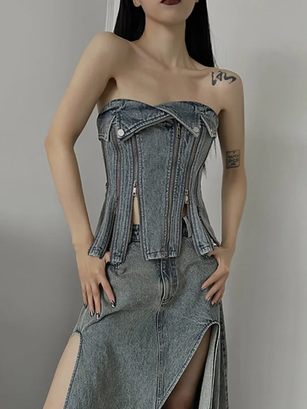 TWOTWINSTYLE Patchwork Zipper Denim Tank Top For Women Strapless Sleeveless Slimming Chic Solid Vest Female Fashion Clothing New