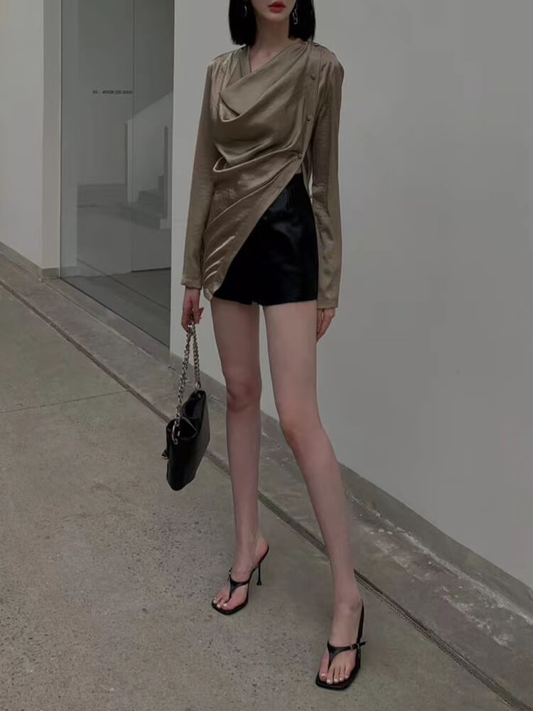 TWOTWINSTYLE Casual Button Shirts For Women Round Neck Long Sleeve Casual Loose Minimalist Loose Blouse Female Fashion Clothing