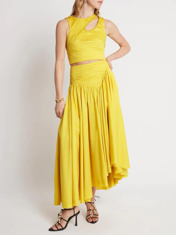TWOTWINSTYLE Spliced Folds Two Piece Sets For Women Round Neck Sleeveless Hollow Out Vest High Waist Skirt Solid Set Female 2023