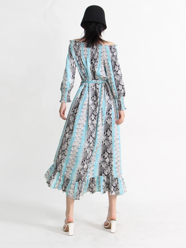 TWOTWINSTYLE Lace Up Vintage Dresses For Women Slash Neck Long Sleeve High Waist Patchwork Print Folds Dress Female News 2023