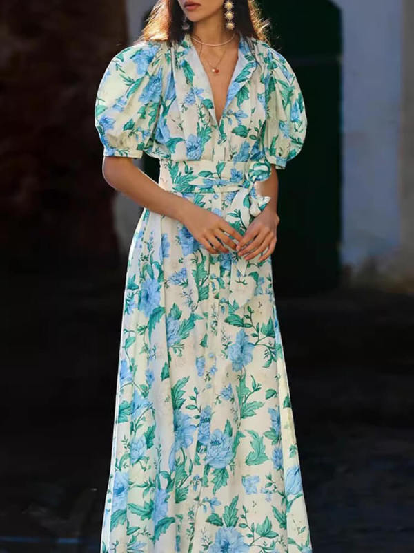 TWOTWINSTYLE Floral Dresses For Women Lapel Puff Sleeve High Waist Spliced Lace Up A Line Folds Long Dress Female Summer News