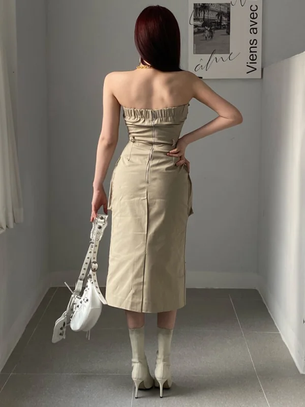 TWOTWINSTYLE Patchwork Pockets Dresses For Women Strapless Sleeveless High Waist Solid Casual A Line Dress Female Fashion 2023