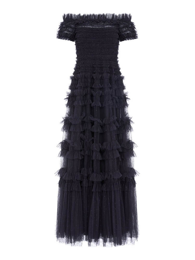 TWOTWINSTYLE Patchwork Mesh Dresses For Women Slash Neck Short Sleeve High Waist Spliced Folds Solid A Line Dress Female Fashion
