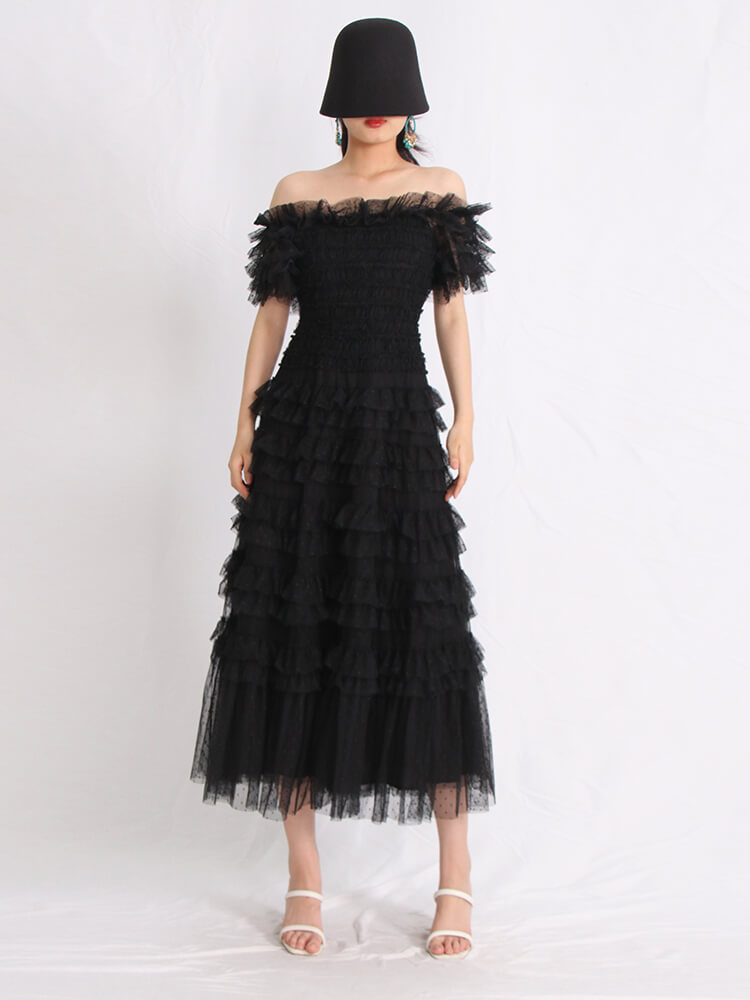 TWOTWINSTYLE Patchwork Mesh Dresses For Women Slash Neck Short Sleeve High Waist Spliced Folds Solid A Line Dress Female Fashion
