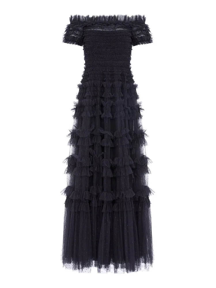 TWOTWINSTYLE Patchwork Mesh Dresses For Women Slash Neck Short Sleeve High Waist Spliced Folds Solid A Line Dress Female Fashion