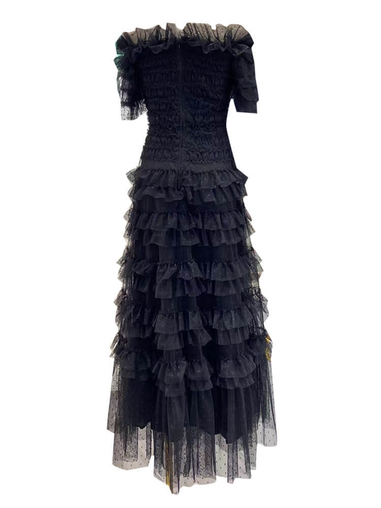TWOTWINSTYLE Patchwork Mesh Dresses For Women Slash Neck Short Sleeve High Waist Spliced Folds Solid A Line Dress Female Fashion