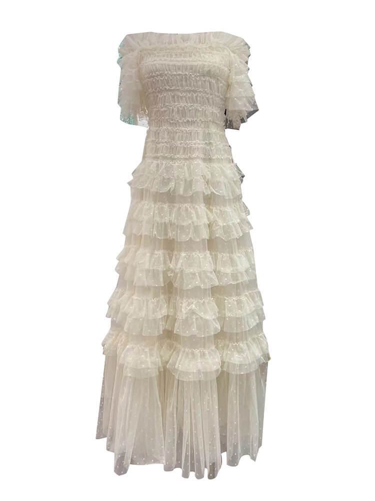 TWOTWINSTYLE Patchwork Mesh Dresses For Women Slash Neck Short Sleeve High Waist Spliced Folds Solid A Line Dress Female Fashion