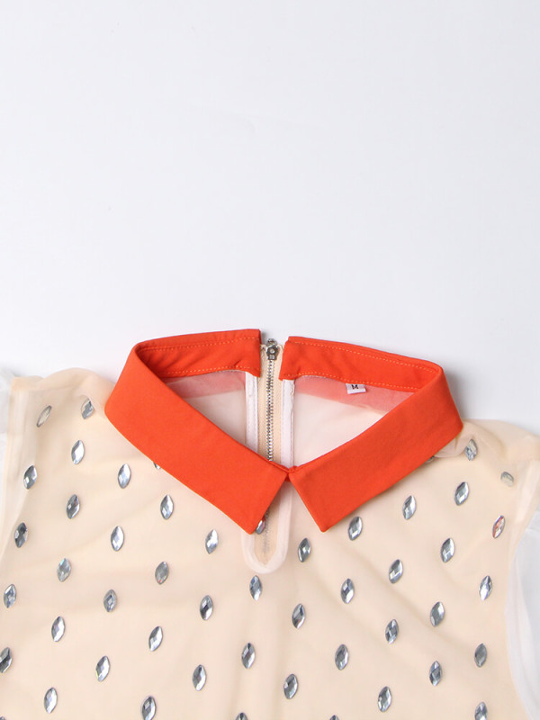 TWOTWINSTYLE Hit Color Shirts For Women Lapel Lantern Sleeve Patchwork Diamond Casual Blouse Spring Female Fashion Clothing 2023