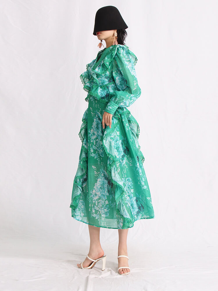 TWOTWINSTYLE V Neck Allover Floral Print Dresses For Women Lantern Sleeve High Waist Ruffles Summer Dress Female Fashion Clothes