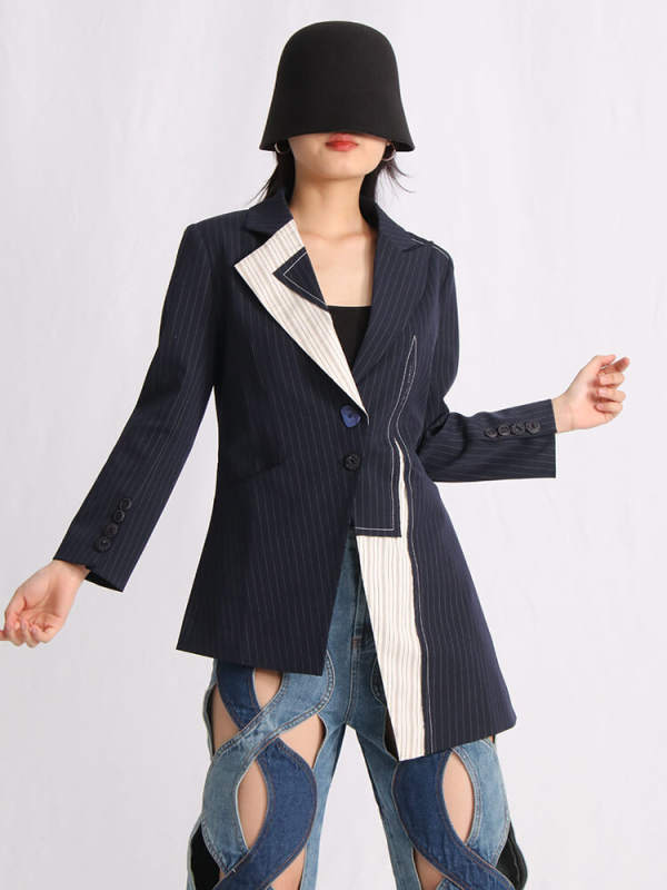 TWOTWINSTYLE Hit Color Casual Blazers For Women Notched Collar Long Sleeve Patchwork Button Irregular Blazer Female Clothing New