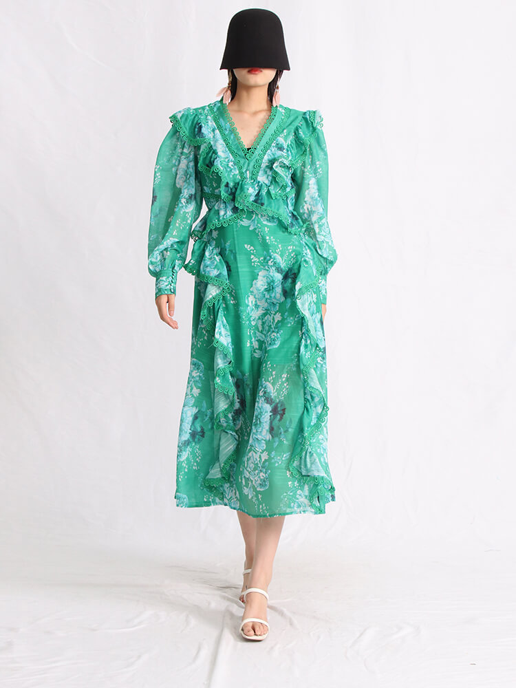 TWOTWINSTYLE V Neck Allover Floral Print Dresses For Women Lantern Sleeve High Waist Ruffles Summer Dress Female Fashion Clothes