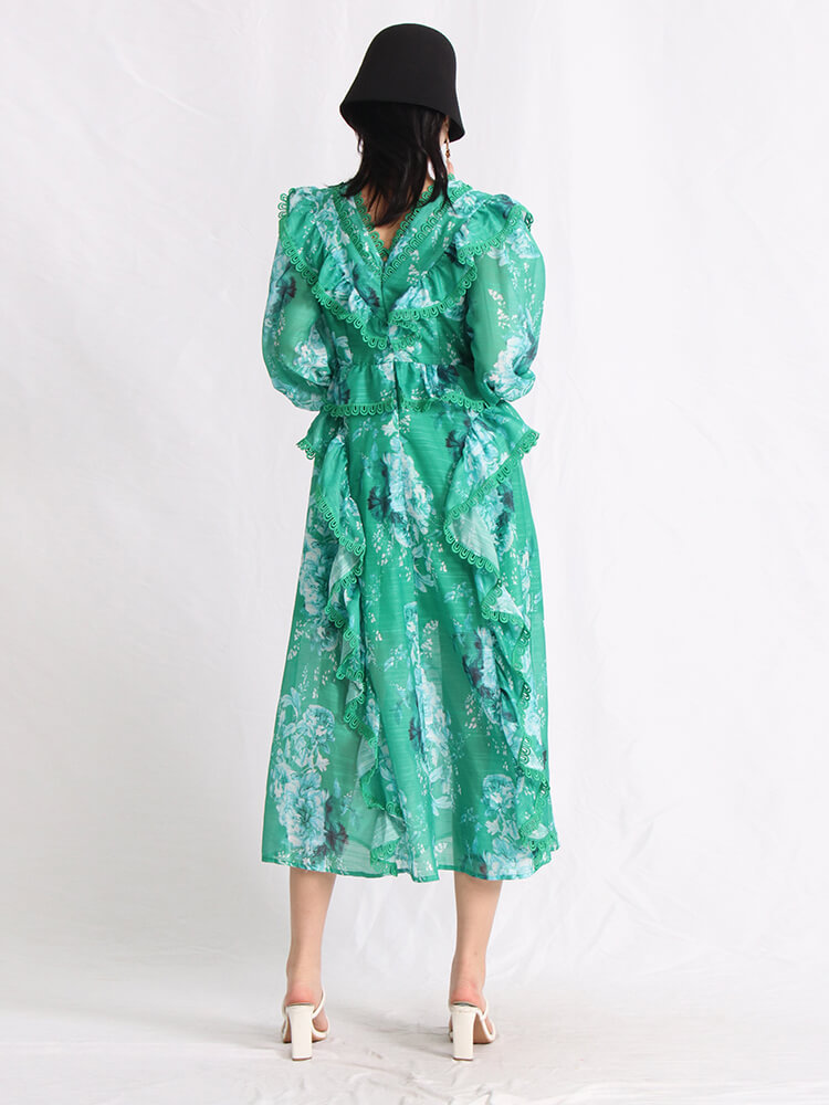 TWOTWINSTYLE V Neck Allover Floral Print Dresses For Women Lantern Sleeve High Waist Ruffles Summer Dress Female Fashion Clothes