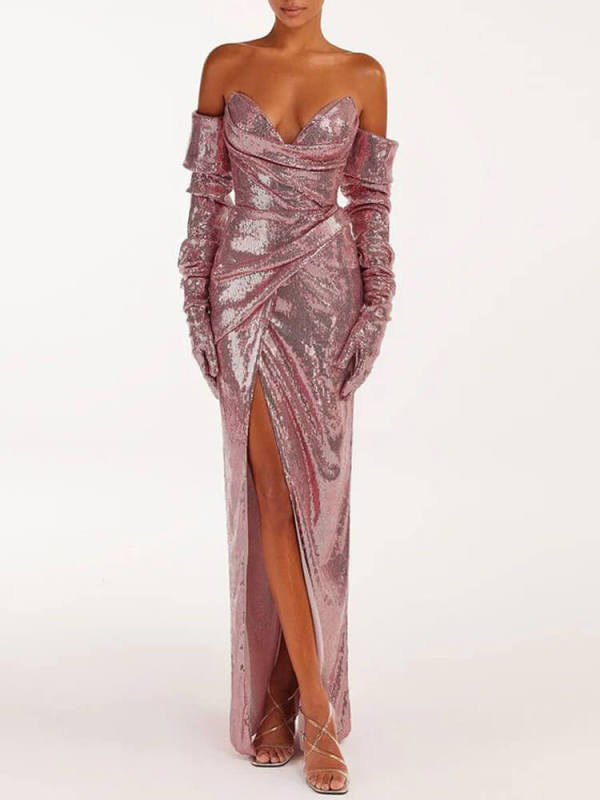 TWOTWINSTYLE Patchwork Sequins Dresses For Women Strapless Sleeveless High Waist Irregular Slimming Split Dress Female 2023 News