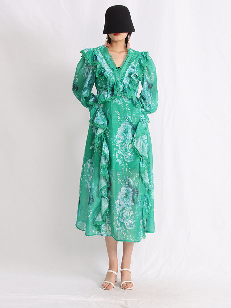 TWOTWINSTYLE V Neck Allover Floral Print Dresses For Women Lantern Sleeve High Waist Ruffles Summer Dress Female Fashion Clothes