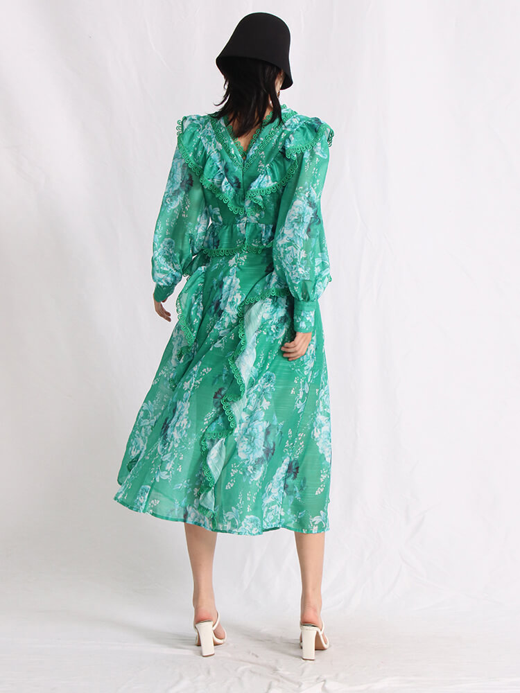 TWOTWINSTYLE V Neck Allover Floral Print Dresses For Women Lantern Sleeve High Waist Ruffles Summer Dress Female Fashion Clothes