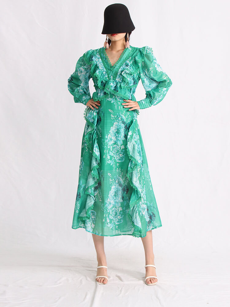 TWOTWINSTYLE V Neck Allover Floral Print Dresses For Women Lantern Sleeve High Waist Ruffles Summer Dress Female Fashion Clothes