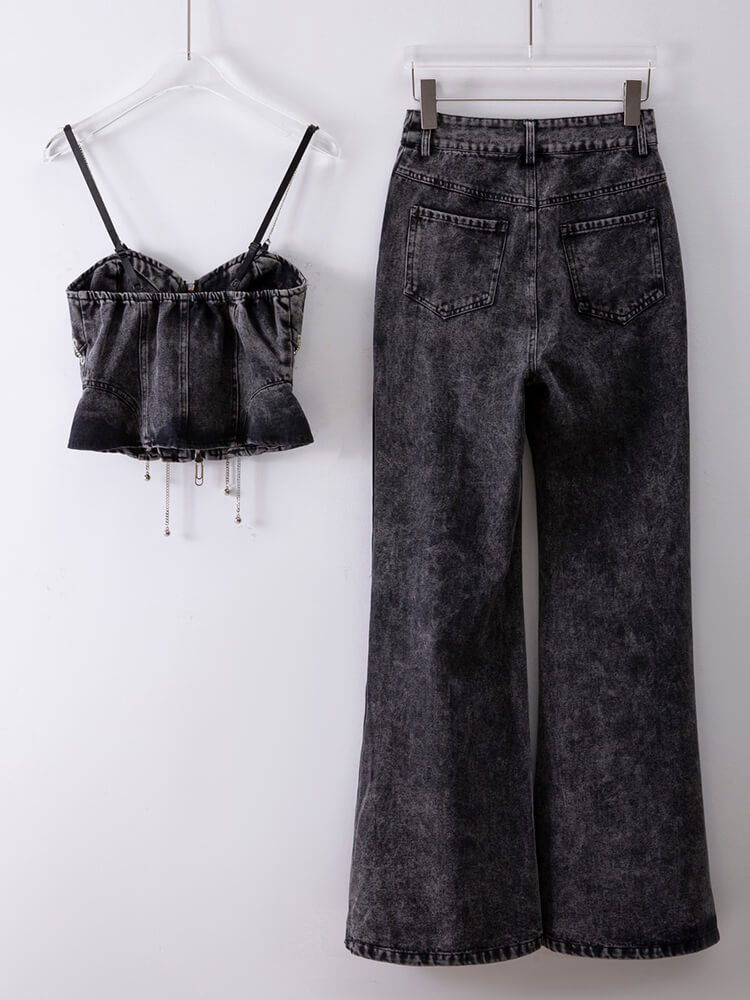 TWOTWINSTYLE Patchwork Chain Two Piece Sets For Women Square Collar Sleeveless Vest High Waist Loose Pant Casual Set Female 2023