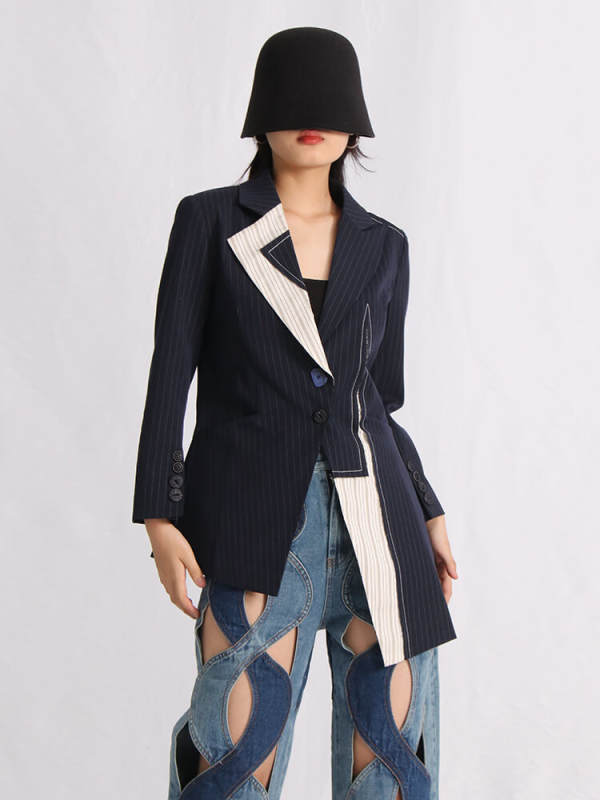 TWOTWINSTYLE Hit Color Casual Blazers For Women Notched Collar Long Sleeve Patchwork Button Irregular Blazer Female Clothing New