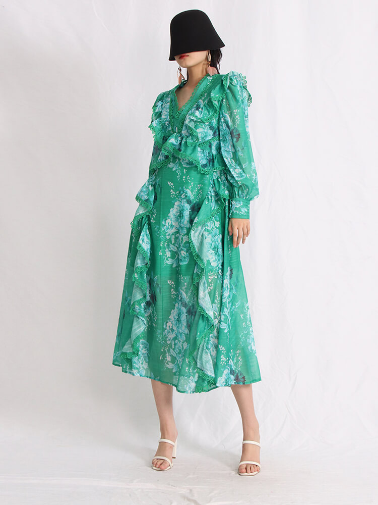 TWOTWINSTYLE V Neck Allover Floral Print Dresses For Women Lantern Sleeve High Waist Ruffles Summer Dress Female Fashion Clothes