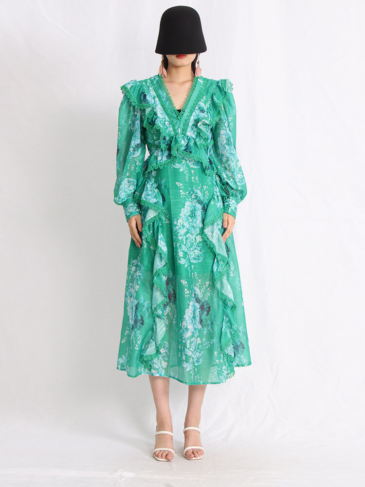 TWOTWINSTYLE V Neck Allover Floral Print Dresses For Women Lantern Sleeve High Waist Ruffles Summer Dress Female Fashion Clothes