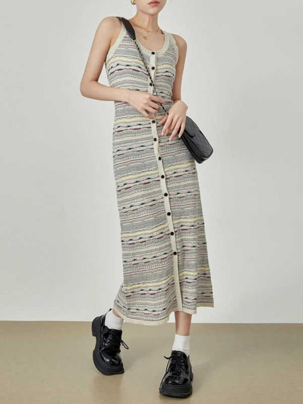 TWOTWINSTYLE Patchwork Striped Knitted Dresses For Women V Neck Sleeveless High Waist Spliced Button A Line Dress Female Fashion