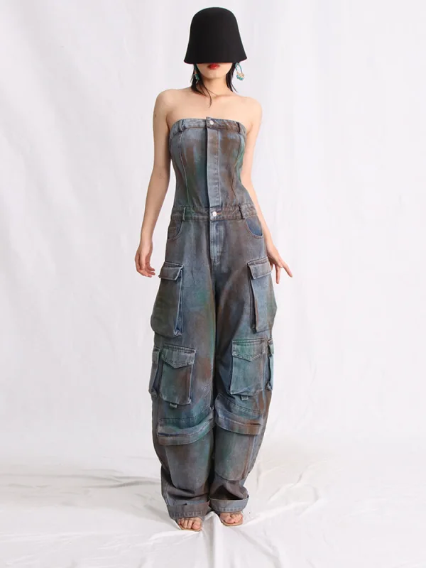 TWOTWINSTYLE Denim Solid Jumpsuits For Women Strapless Sleeveless High Waist Cargo Pants Female Fashion Style Clothing 2023 New
