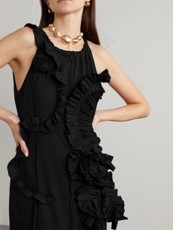 TWOTWINSTYLE Appliques Lace Up Dresses For Women Round Neck Sleeveless High Waist Hollow Out Solid Dress Female Fashion Clothing