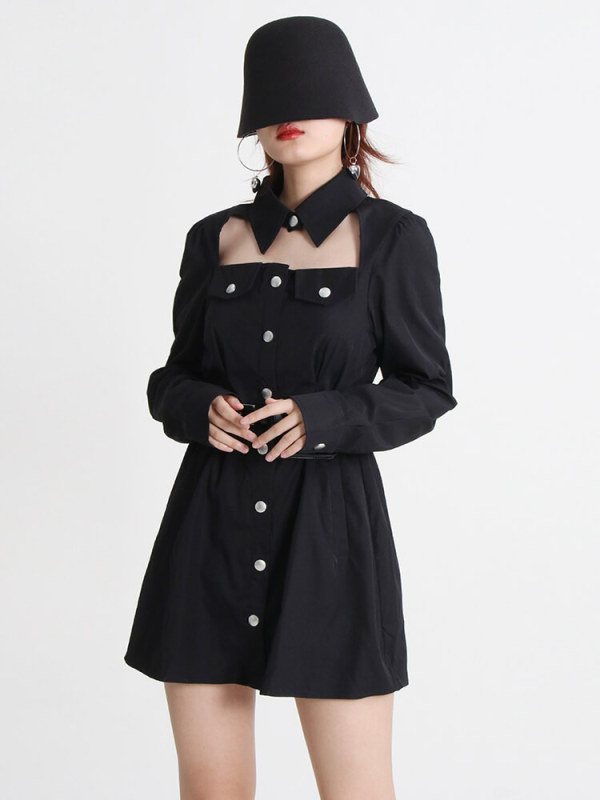 TWOTWINSTYLE Hollow Out Solid Dresses For Women Lapel Long Sleeve High Waist Tunic Spliced Button Dress Female Fashion Clothing