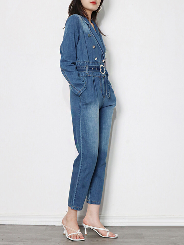 TWOTWINSTYLE Straight Denim Jumpsuit Lapel Long Sleeve High Waist Patchwork Belt Solid Wide Leg Jumpsuits For Women 2023 New Clothing