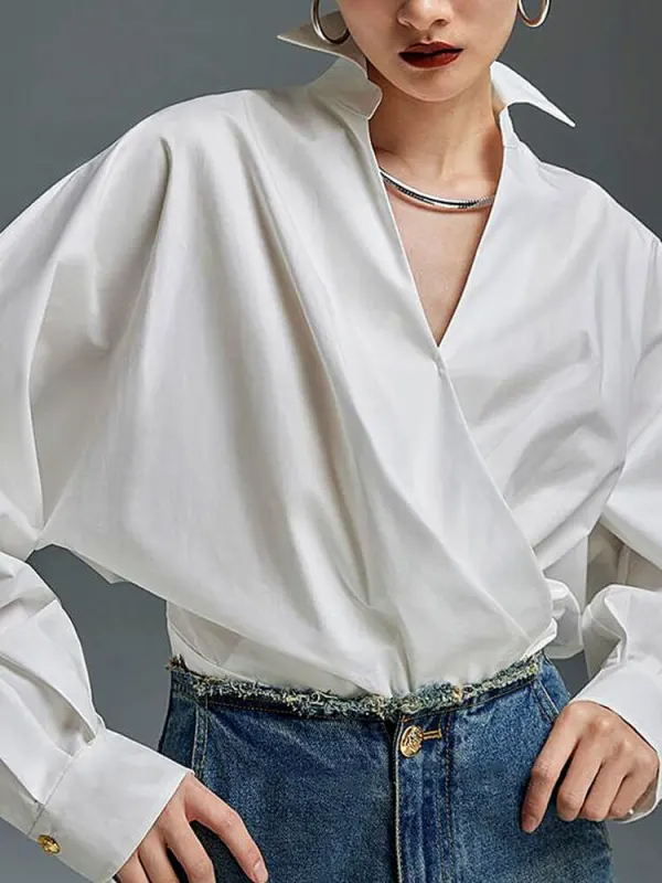 TWOTWINSTYLE Solid Minimalist Shirts For Women Lapel Long Sleeve Tunic Casual Loose Blouse Spring Female Fashion Clothing 2023