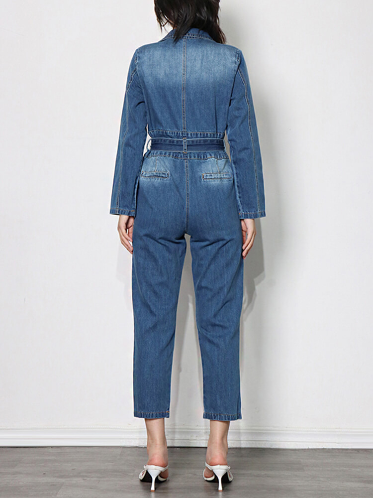 TWOTWINSTYLE Straight Denim Jumpsuit Lapel Long Sleeve High Waist Patchwork Belt Solid Wide Leg Jumpsuits For Women 2023 New Clothing