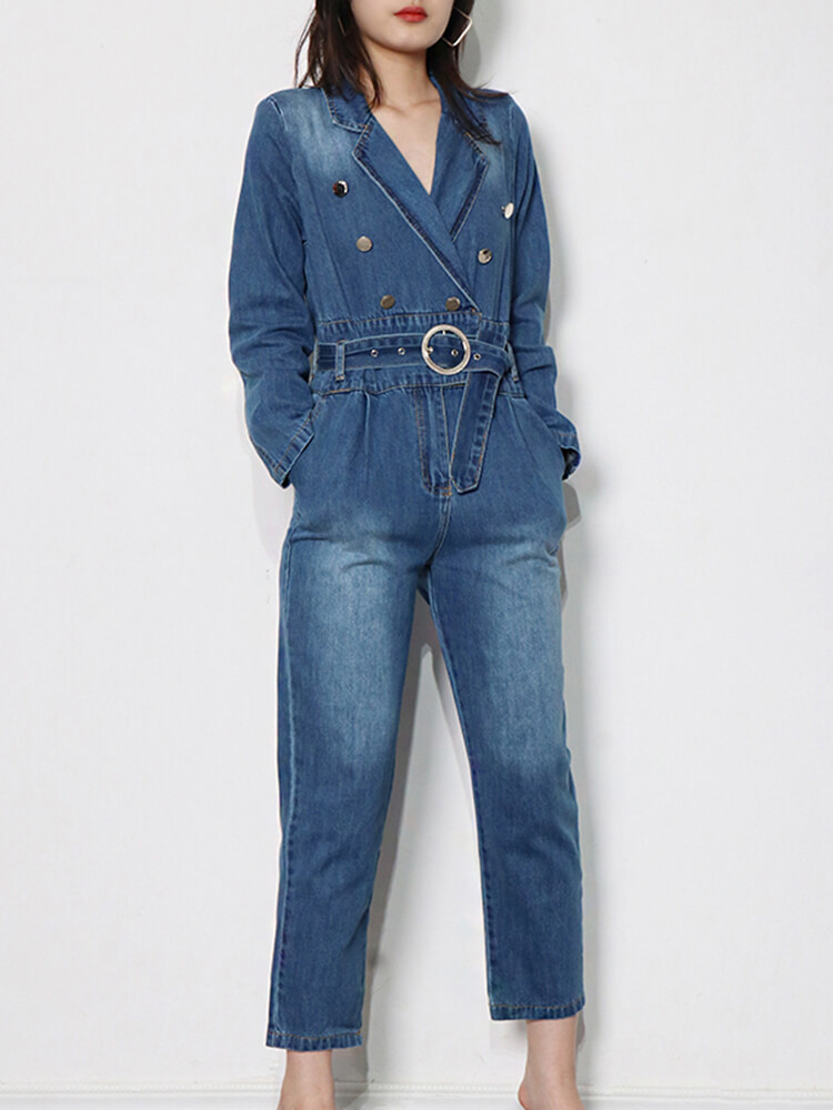 TWOTWINSTYLE Straight Denim Jumpsuit Lapel Long Sleeve High Waist Patchwork Belt Solid Wide Leg Jumpsuits For Women 2023 New Clothing